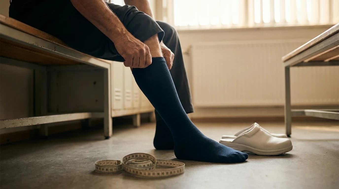 A knee-high compression sock being pulled up over a calf beside a soft tape measure and a pair of clogs in morning light