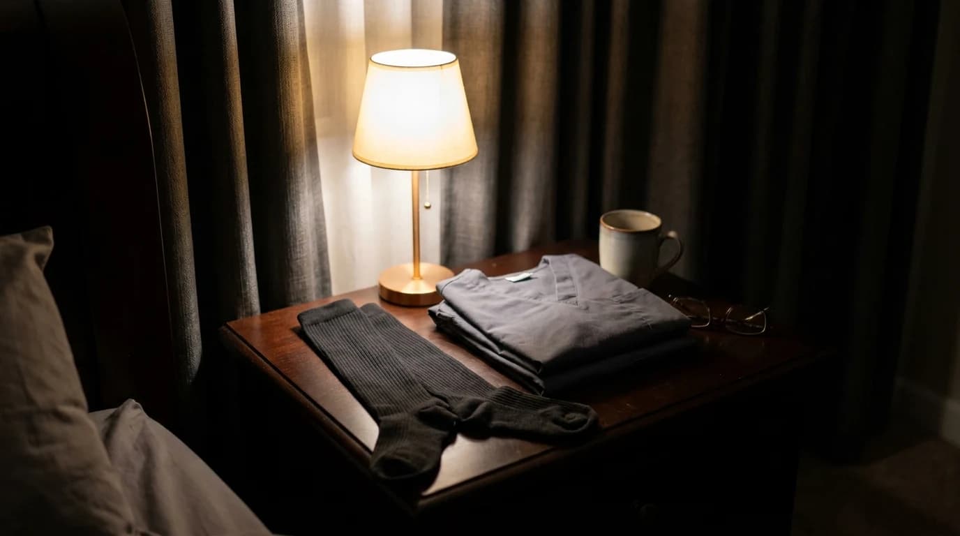 Knee-high compression socks set aside on a bedside table beside folded scrubs in a darkened room with the curtains drawn for daytime sleep