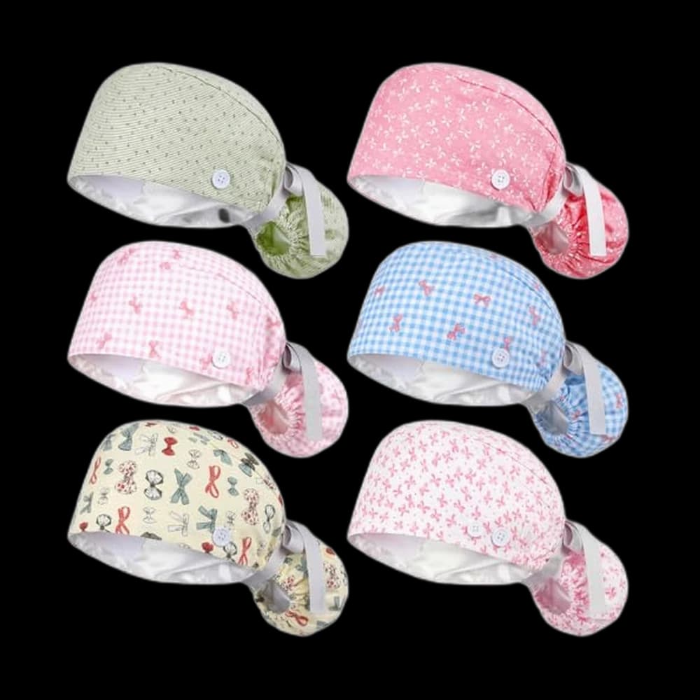 Honoson Satin-Lined Scrub Caps with Bows, 6-Pack