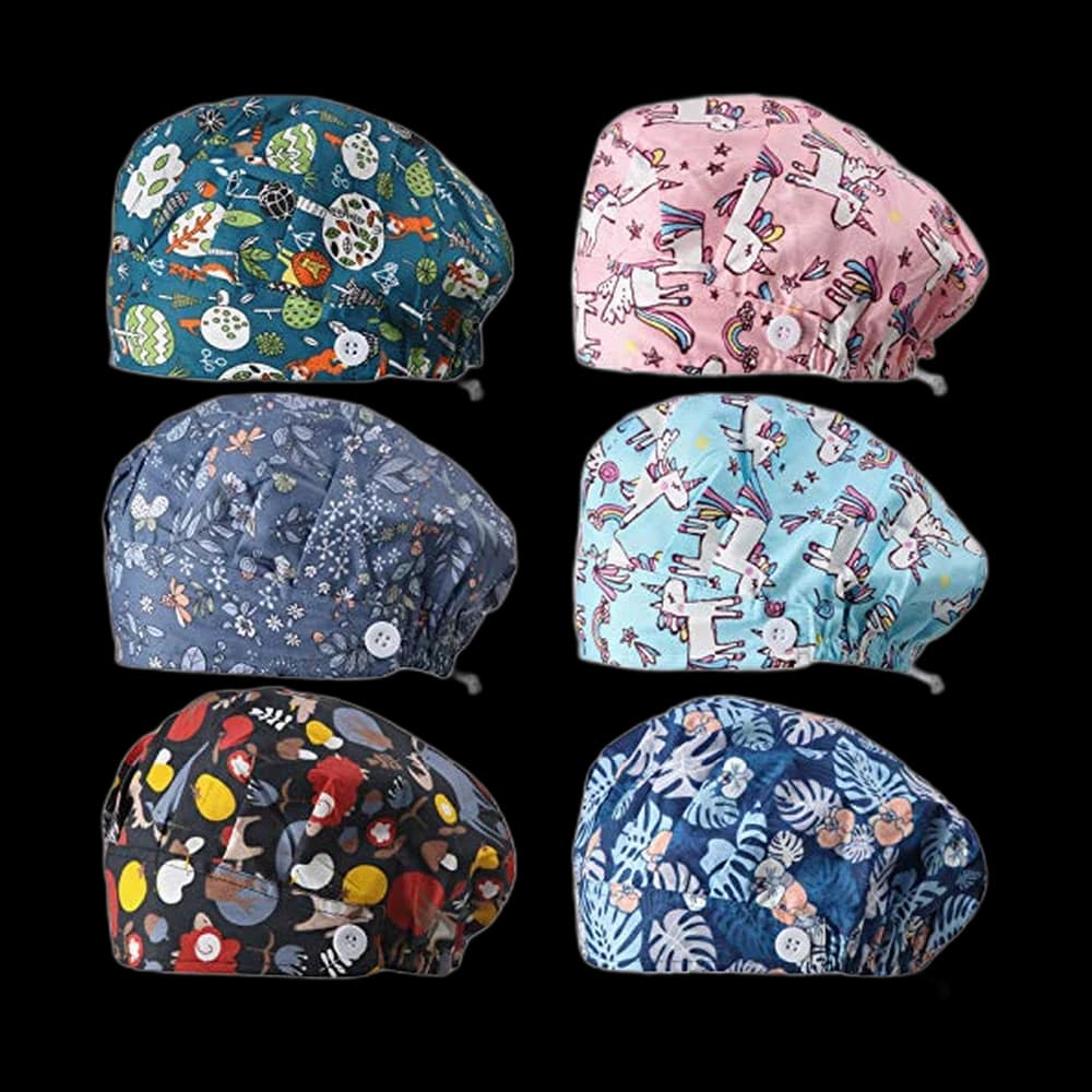Syhood Printed Button Bouffant Scrub Caps, 6-Pack