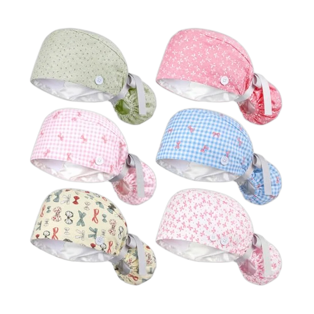 Honoson Satin-Lined Scrub Caps with Bows, 6-Pack
