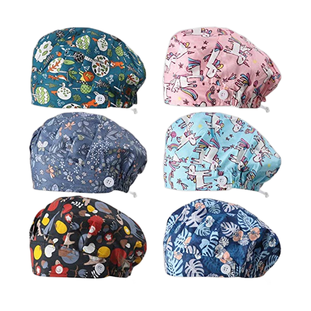 Syhood Printed Button Bouffant Scrub Caps, 6-Pack